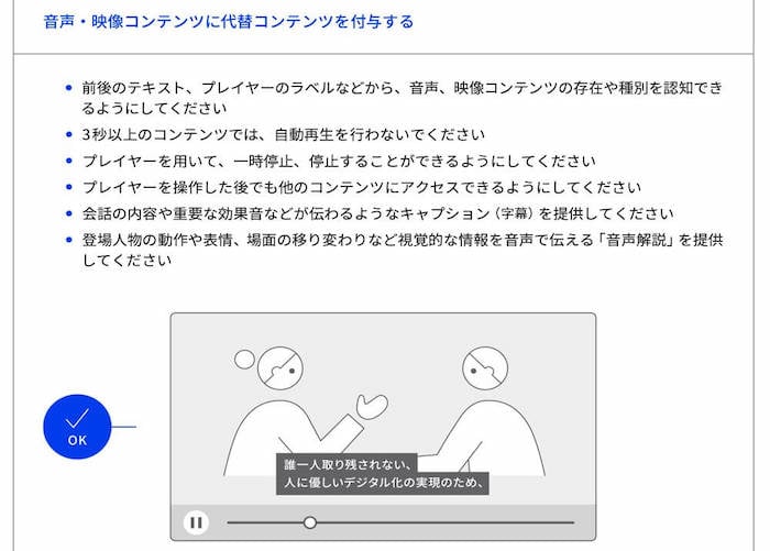 画像：「音声・映像コンテンツに代替コンテンツを付与する」というルールの例

女性が男性に話しかけている動画のようなイラスト。字幕に「誰一人取り残されない、人に優しいデジタル化の実現のため、」と書いてある。

●前後のテキスト、プレイヤーのラベルなどから、音声、映像コンテンツの存在や種別を認知できるようにしてください
●3秒以上のコンテンツでは、自動再生を行わないでください
●プレイヤーを用いて、一時停止、停止することができるようにしてください
●プレイヤーを操作した後でも他のコンテンツにアクセスできるようにしてください
●会話の内容や重要な効果音などが伝わるようなキャプション(字幕)を提供してください
●登場人物の動作や表情、場面の移り変わりなど視覚的な情報を音声で伝える「音声解説」を提供してください