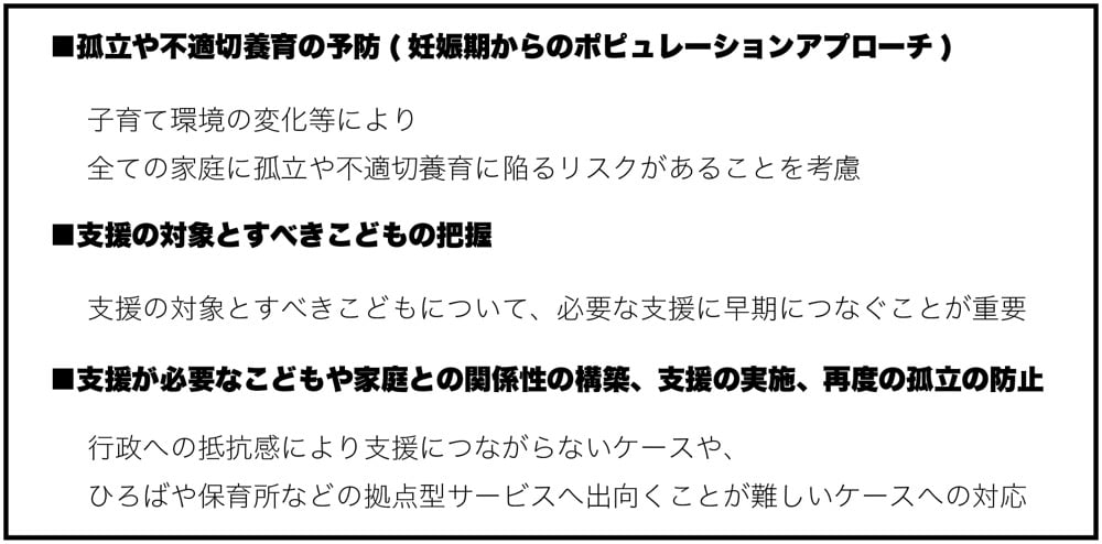 図：未就園児問題に対する今後の取り組みの方向性

■孤立や不適切養育の予防(妊娠期からのポピュレーションアプローチ)

子育て環境の変化等により、全ての家庭に孤立や不適切養育に陥るリスクがあることを考慮

■支援の対象とすべきこどもの把握

支援の対象とすべきこどもについて、必要な支援に早期につなぐことが重要

■支援が必要なこどもや家庭との関係性の構築、支援の実施、再度の孤立の防止

行政への抵抗感により支援につながらないケースや、ひろばや保育所などの拠点型サービスへ出向くことが難しいケースへの対応