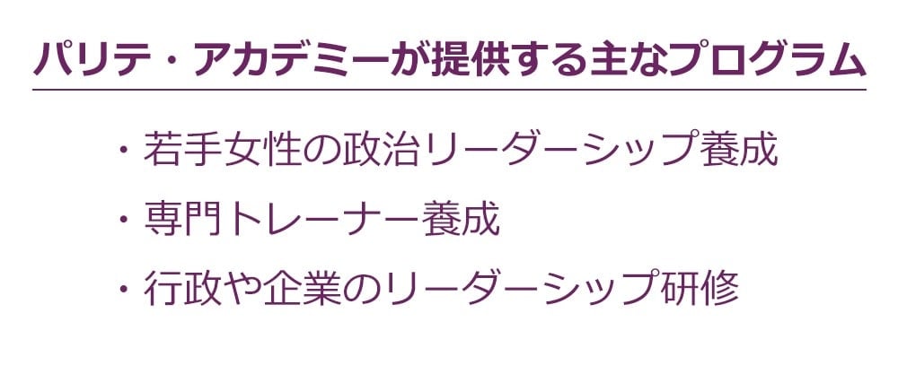 パリテアカデミーが提供するプログラム

・若手女性の政治リーダーシップ養成
・専門トレーナー養成
・行政や企業のリーダーシップ研修