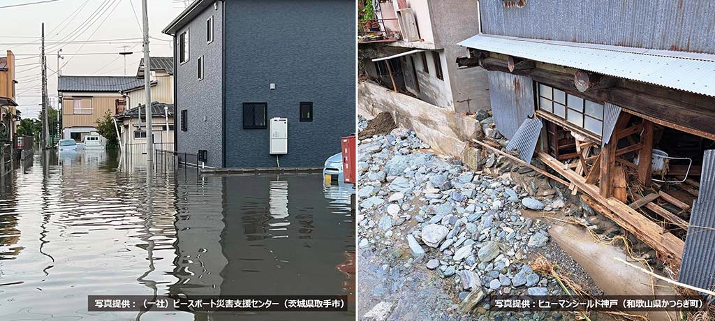 写真左：令和5年6月の大雨による被害で道路が冠水した地域、車や建物も水につかっている様子。（写真提供：（一社）ピースボート災害支援センター、撮影地：茨城県取手市）写真右：令和5年6月の大雨による被害で建物の外壁がはがれ、周囲には土砂が散乱している様子。（写真提供：ヒューマンシールド神戸、撮影地：和歌山県かつらぎ町）