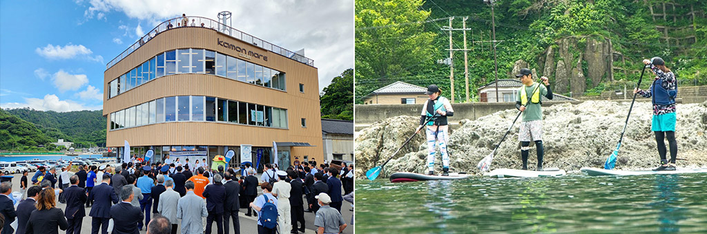 Photographs of the exterior of Nagisa-no-Koban Tsuroka Kamon Mare (left), and of marine activities (right)