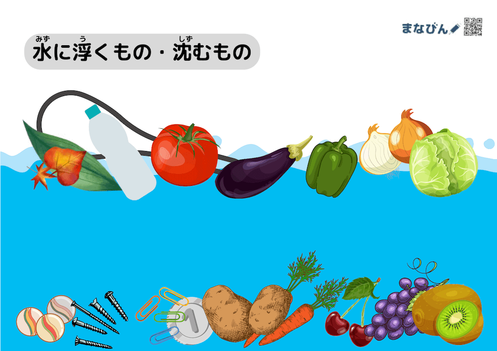 イラスト：水の上に浮かぶ、葉っぱ、ペットボトル、トマト、ナス、ピーマン、タマネギ、レタス

水の底に沈むビー玉、釘、クリップ、1円玉、ジャガイモ、ニンジン、チェリー、ぶどう、キウイ