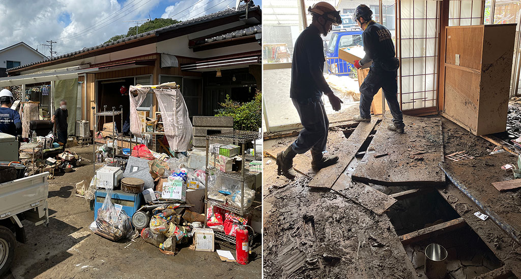 写真左：令和5年台風13号による被害で建物が浸水し、使えなくなった家具や物が外に積み上がっている様子。写真右：令和5年台風13号による被害で床上浸水し、床下や畳まで泥だらけになってしまった室内の様子。