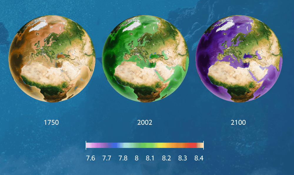 海表面のpH値の推移（産業革命前〜2100年）

1750年はpH8.3付近
2002年はpH8.1付近
2100年はpH7.7付近