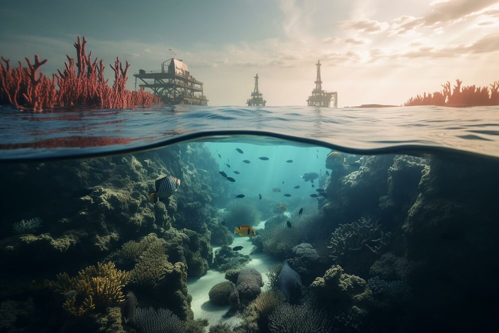 写真：工場が並び立つ陸上と海中で泳ぐ魚たち