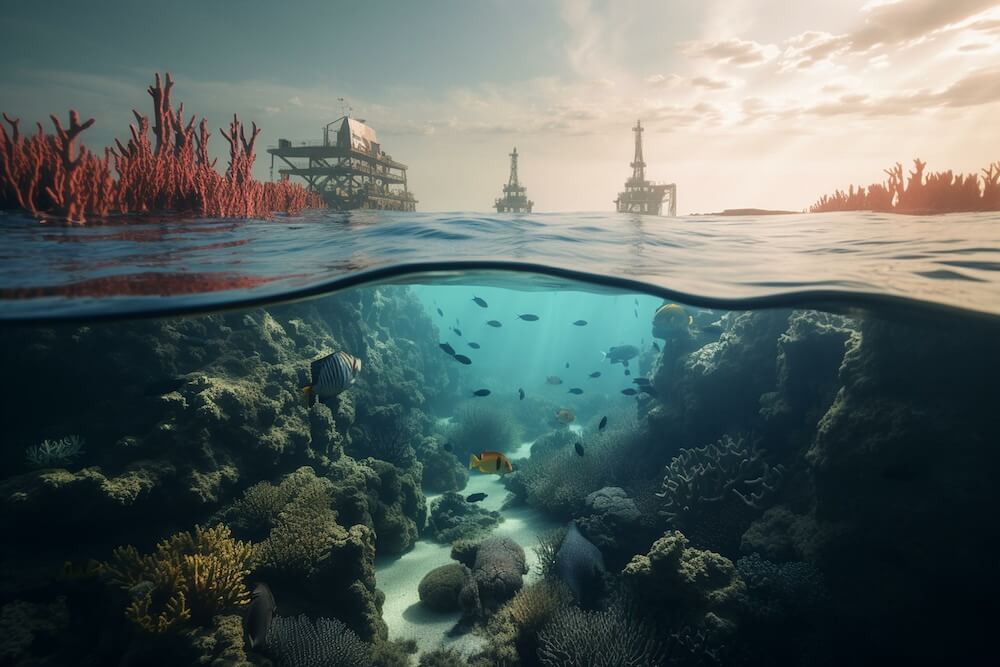 写真:工場が並び立つ陸上と海中で泳ぐ魚たち