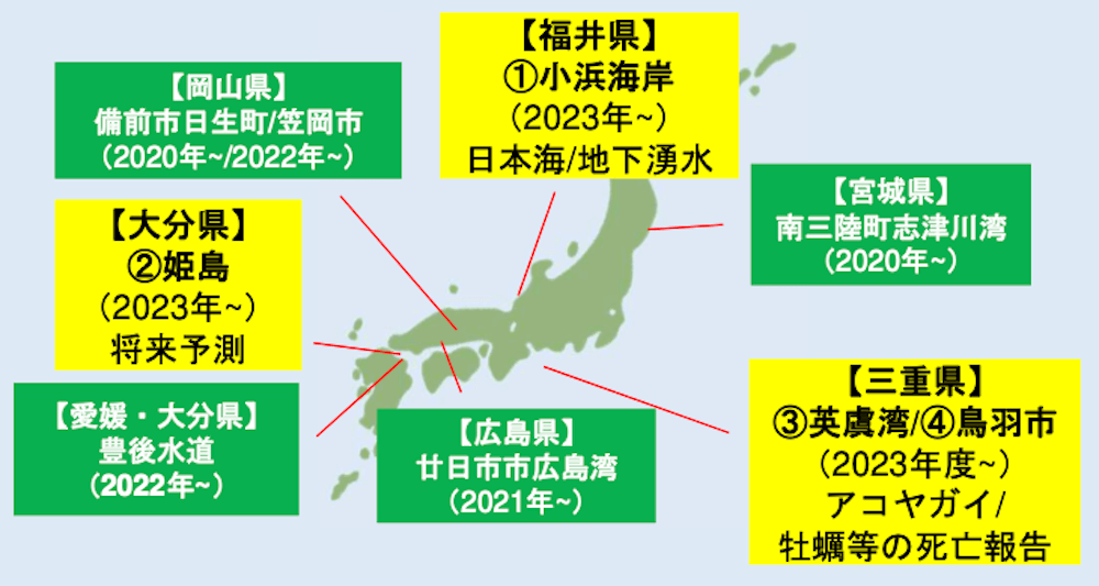 日本財団 海洋酸性化適応プロジェクトにおける主な観測地点を示す日本地図：
・【岡山県】備前市日生町／笠岡市（2020年8月〜／2022年〜）
・【宮城県】南三陸町・志津川湾（2020年8月〜）
・【広島県】廿日市市・広島湾（2021年6月〜）
・【愛媛・大分県】豊後水道（2022年〜）
・【福井県】①小浜海岸（2023年〜）将来予想
・【大分県】②姫島（2023年〜）日本海／地下湧水
・【三重県】③英虞湾／④鳥羽市（2023年〜）アコヤ貝/牡蠣等の死亡報告