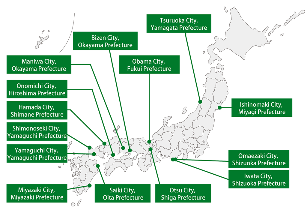 Map of Japan map showing Nagisa-no-Koban locations. Ogatsu Nagisa-no-Koban (Ishinomaki City, Miyagi Prefecture); Nagisa-no-Koban Tsuroka Kamon Mare (Tsuruoka City, Yamagata Prefecture); Nagisa-no-Koban Omaezaki (Omaezaki City, Shizuoka Prefecture); Iwata Nagisa-no-Kyouryukan (Iwata City, Shizuoka Prefecture); Nagisa-no-Koban KARAHASHI.DECK (Otsu City, Shiga Prefecture); Nagisa-no-Koban Obama (Obama City, Fukui Prefecture); Hinase Umi Lab Nagisa-no-Koban (Bizen City, Okayama Prefecture); Nagisa-no-Koban Satoyama Satoumi Koryukan Shinpio (Maniwa City, Okayama Prefecture); Seabridge Nagisa-no-Koban (Onomichi City, Hiroshima Prefecture); Hamada Nagisa-no-Koban (Hamada City, Shimane Prefecture); Shimado Nagisa-no-Koban (Shimonoseki City, Yamaguchi Prefecture); Kiraraizu Nagisa-no-Koban (Yamaguchi City, Yamaguchi Prefecture); Hazako Nagisa-no-Koban (Saiki City, Oita Prefecture); Aoshima Beach Center Nagisa-no-Koban (Miyazaki City, Miyazaki Prefecture);