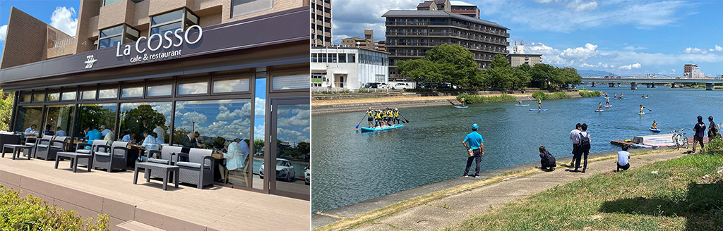 Open-air café and restaurant La Cosso (left) Children enjoying stand-up paddleboarding (right)