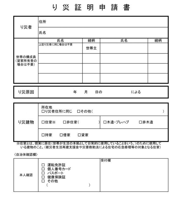 東京都大田区のり災証明申請書：
（あて先）大田区長（大田区災害対策本部長）
（申請者）住所、氏名、電話番号

記入項目
・り災者：住所、氏名
・世帯構成員（貸家所有者の場合は不要）：氏名、続柄
・り災原因
・り災建物。チェック項目／所在地 り災住所と同じ、その他（）／住家（※）、非住家（）／木造・プレハブ、非木造／持家、借家、貸家
※住家とは、現実に居住（世帯が生活の本拠として日常的に使用していることをいう）のために使用している建物のこと。（被災者生活再建支援金や災害救助法による住宅の応急修理等の対象となる住家）

自治体確認欄
・本人確認。チェック項目／運転免許証、個人番号カード、パスポート、健康保険証、その他（）
・受付欄