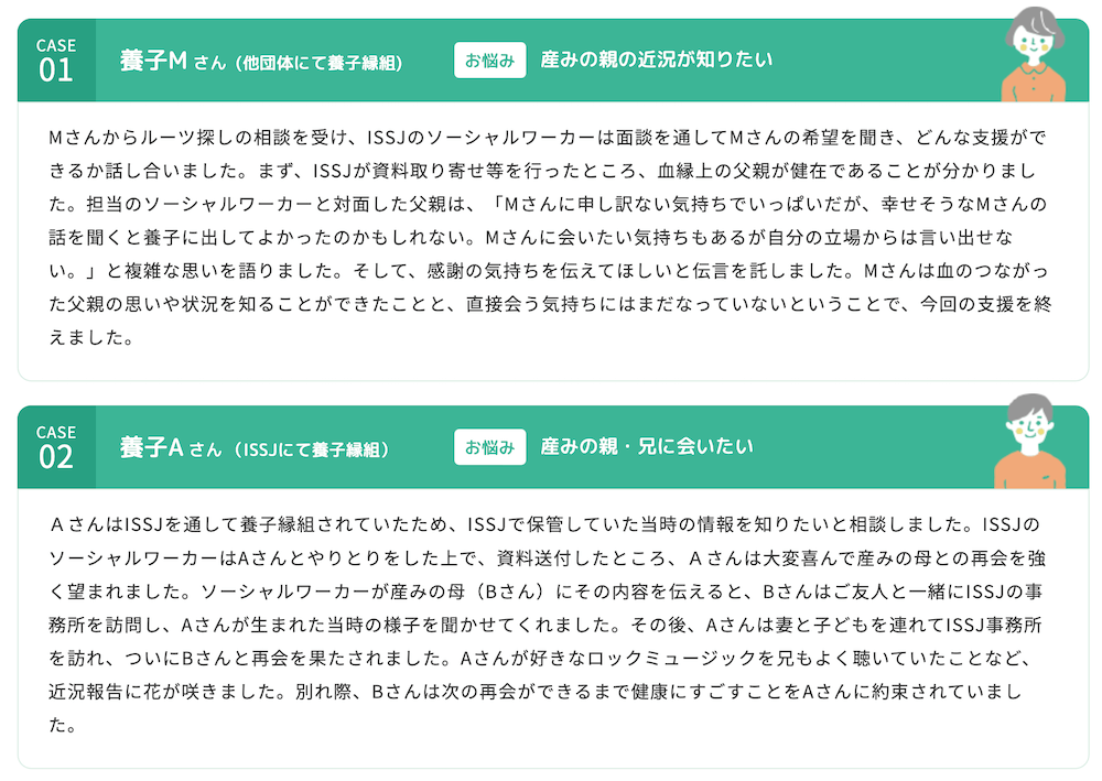 ［CASE 01］
養子Mさん (他団体にて養子縁組)
お悩み「産みの親の近況が知りたい」
Mさんからルーツ探しの相談を受け、ISSJのソーシャルワーカーは面談を通してMさんの希望を聞き、どんな支援ができるか話し合いました。まず、ISSJが資料取り寄せ等を行ったところ、血縁上の父親が健在であることが分かりました。担当のソーシャルワーカーと対面した父親は、「Mさんに申し訳ない気持ちでいっぱいだが、幸せそうなMさんの話を聞くと養子に出してよかったのかもしれない。Mさんに会いたい気持ちもあるが自分の立場からは言い出せない。」と複雑な思いを語りました。そして、感謝の気持ちを伝えてほしいと伝言を託しました。Mさんは血のつながった父親の思いや状況を知ることができたことと、直接会う気持ちにはまだなっていないということで、今回の支援を終えました。

［CASE02］
養子Aさん（ISSJにて養子縁組）
お悩み「産みの親・兄に会いたい」
ＡさんはISSJを通して養子縁組されていたため、ISSJで保管していた当時の情報を知りたいと相談しました。ISSJのソーシャルワーカーはAさんとやりとりをした上で、資料送付したところ、Ａさんは大変喜んで産みの母との再会を強く望まれました。ソーシャルワーカーが産みの母（Bさん）にその内容を伝えると、Bさんはご友人と一緒にISSJの事務所を訪問し、Aさんが生まれた当時の様子を聞かせてくれました。その後、Aさんは妻と子どもを連れてISSJ事務所を訪れ、ついにBさんと再会を果たされました。Aさんが好きなロックミュージックを兄もよく聴いていたことなど、近況報告に花が咲きました。別れ際、Bさんは次の再会ができるまで健康にすごすことをAさんに約束されていました。