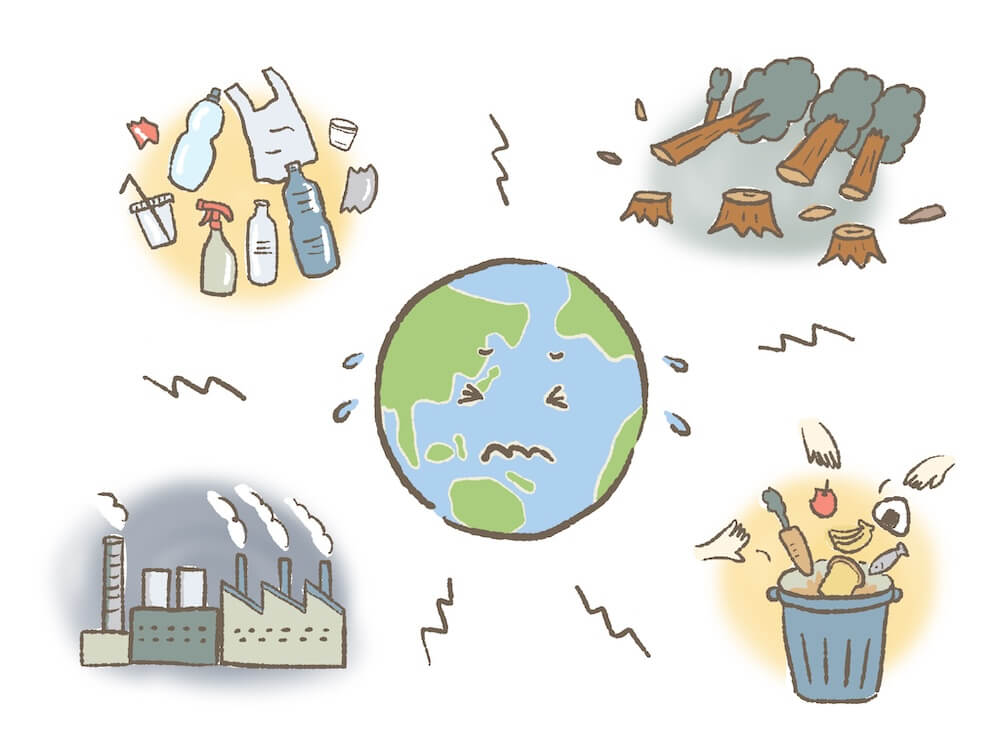 イメージ：プラスチックの大量生産・大量廃棄、森林伐採、食品ロス、工場からの二酸化炭素の排出で苦しむ地球のイラスト