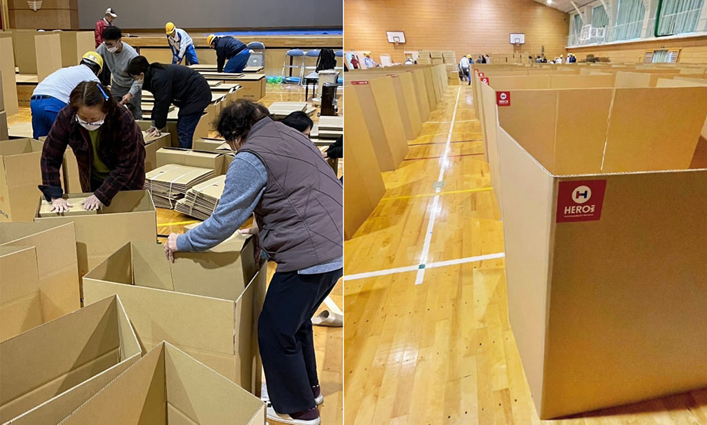Photo of people working in groups to assemble the cardboard beds, and photo of bed partitions