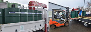 画像左：ご支援いただいた軽油を運搬する様子。画像右：能登牧場でINPEX様から寄贈の軽油を受け取る様子。