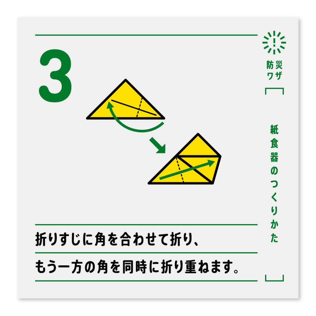 3.折りすじに角を合わせて折り、もう一方の角を同時に折り重ねます。