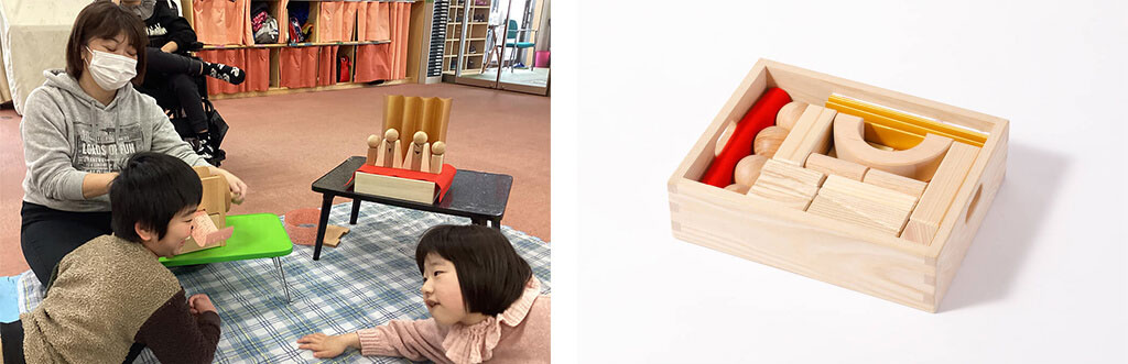 写真左：桃の節句のつみきを飾って、その前で遊ぶ子どもたちの様子。写真右：おもちゃ「節句のつみき」