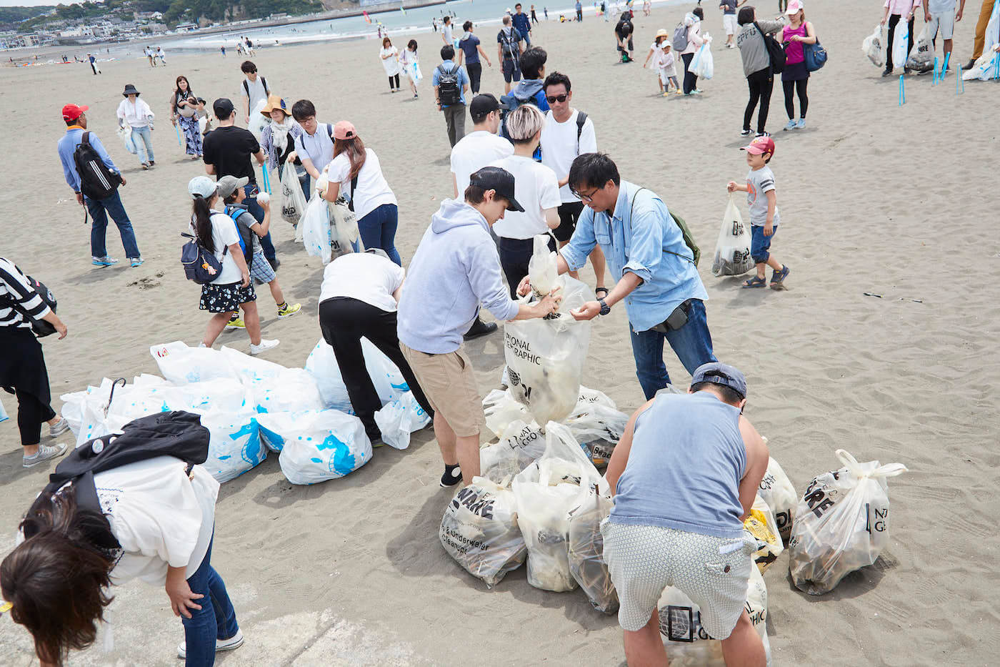 写真:海でごみを拾い集める大勢の一般ボランティア