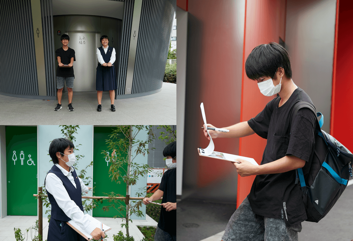 写真:左上から時計周りで、安藤忠雄さん設計の公共トイレの前に立つ大橋さん(写真左)と川田さん。田村菜穂さん設計の真っ赤なトイレを調査中の大橋さん。坂倉竹之助さん設計のアンドン・トイレの前で感想を述べる川田さん
