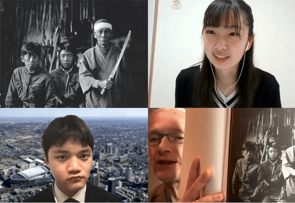 写真:写真左上から時計回りで、エバレットさんの作品「鍛冶屋三代の肖像」、交流会参加者の平井さん、作品の説明をするエバレットさん、参加者の渥美さん