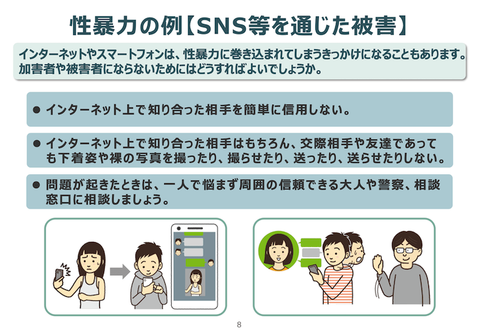 画像:性暴力の例【SNS等を通じた被害】
インターネットやスマートフォンは、性暴力に巻き込まれてしまうきっかけになることもあります。加害者や被害者にならないためにはどうすればよいでしょうか。
●インターネット上で知り合った相手を簡単に信用しない。
●インターネット上で知り合った相手はもちろん、交際相手や友達であっても下着姿や裸の写真を撮ったり、撮らせたり、送ったり、送らせたりしない。
●問題が起きたときは、一人で悩まず周囲の信頼できる大人や警察、相談 窓口に相談しましょう。