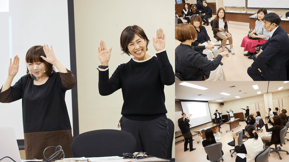 写真:左は講師を務めた手話通訳士の花山さんと冨士居身佳さん、右上は手話をママさんたちに教えているろう者の葛迫さん、右下は手話勉強会の様子