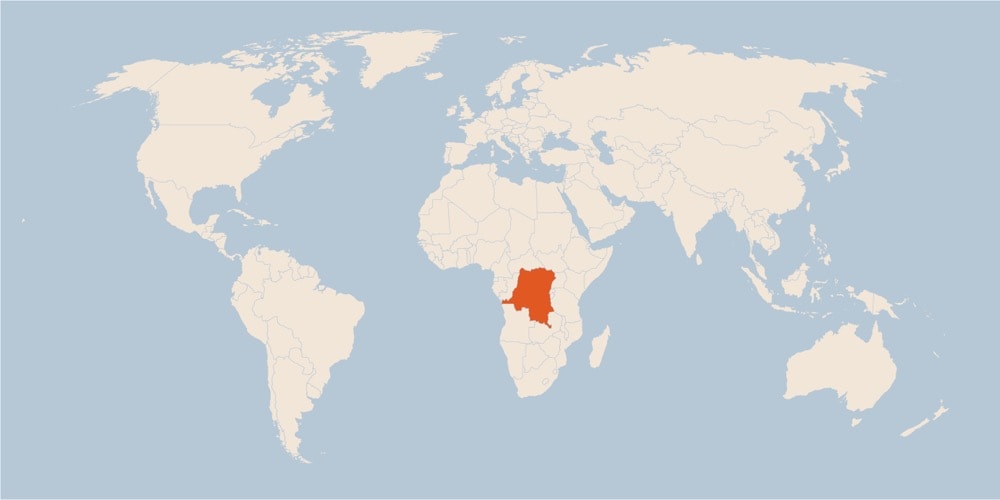 イラスト:世界地図上でのコンゴ民主共和国の位置