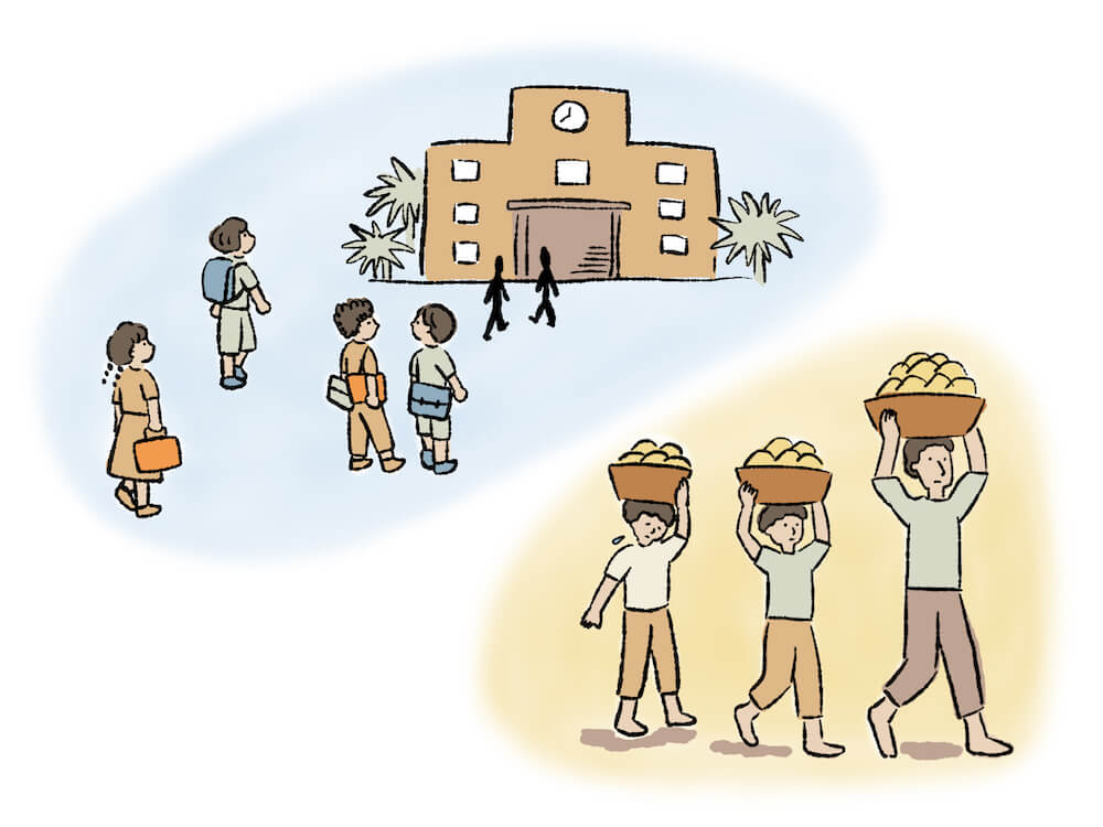 イラスト:学校に通う子どもたちと、親と一緒に働く子どもたち