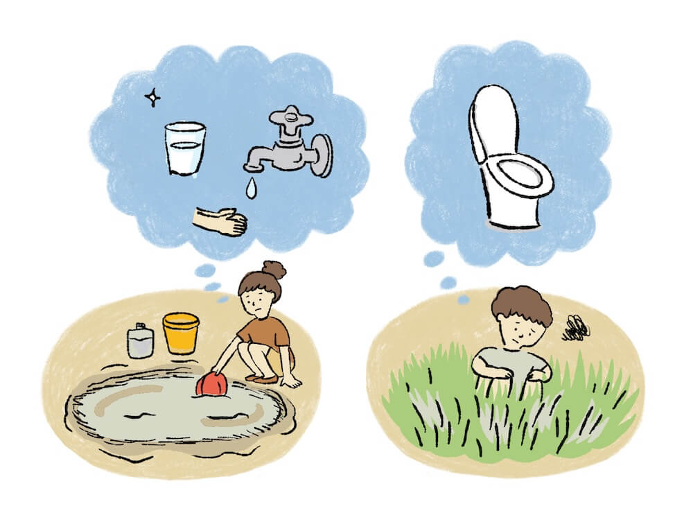 イメージ:(左)泥水を生活で使う水に利用するためすくう子ども。(右)トイレがなく野原でうんちをする子ども