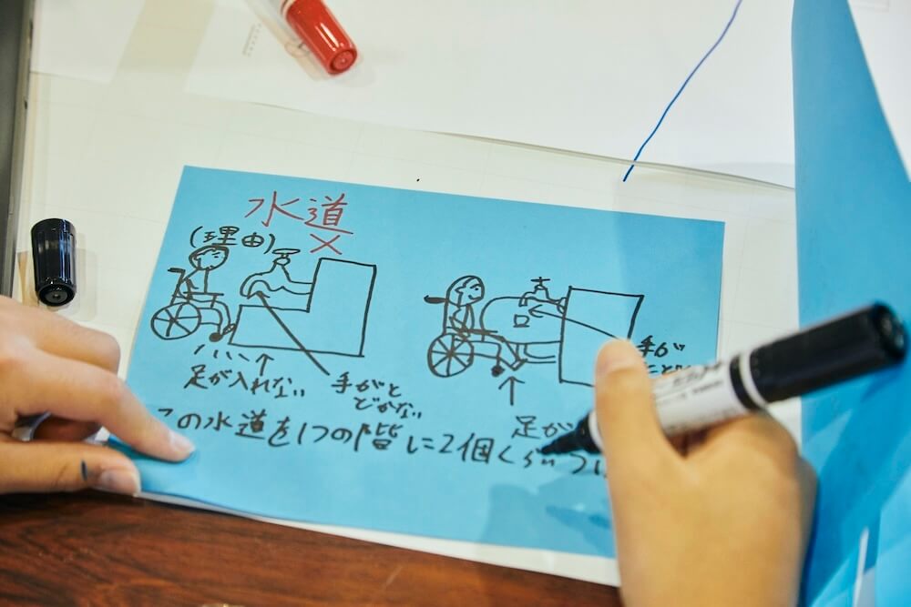 写真:バリアフリー化のアイデアを大きな付箋に書く児童