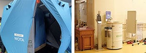 蛸島小学校に設置されたWOTA BOXシャワー（写真左）と手洗いスタンドWOSH（写真右）
