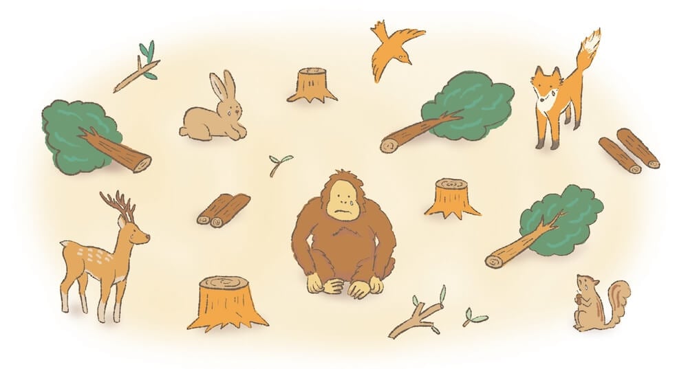 イラスト:住み家とする森林が破壊され悲しむ動物たち