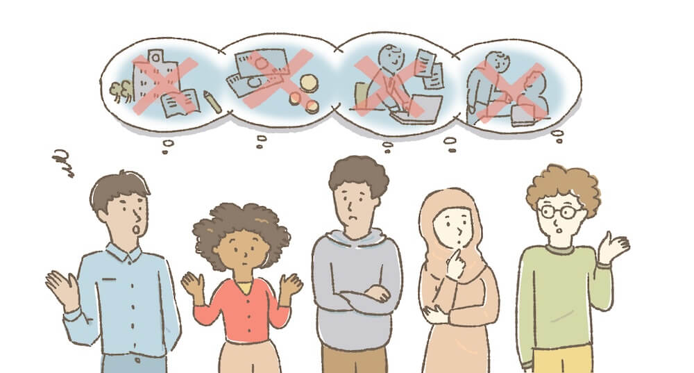 イラスト:十分な教育も訓練も受けられず、仕事がなくて困っている世界の若者たち
