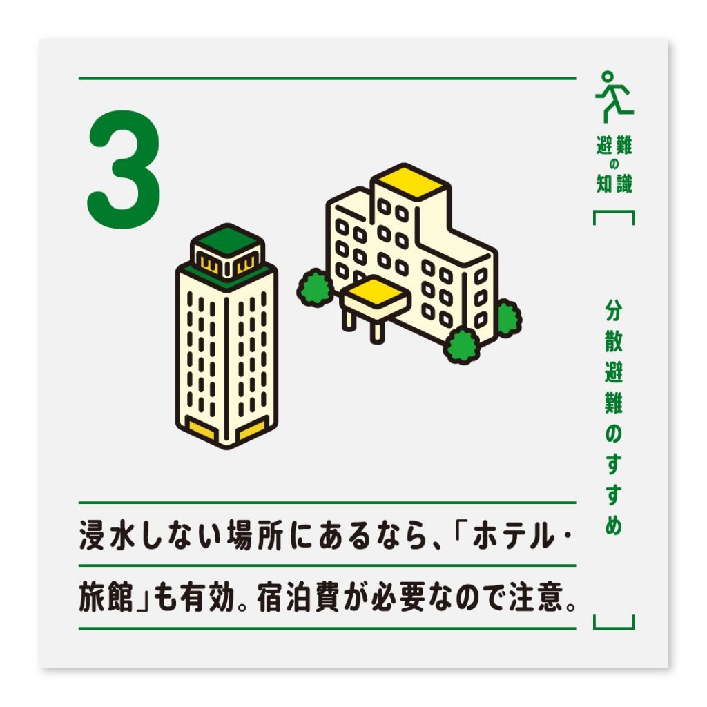 3.浸水しない場所にあるなら、「ホテル・旅館」も有効。宿泊費が必要なので注意。