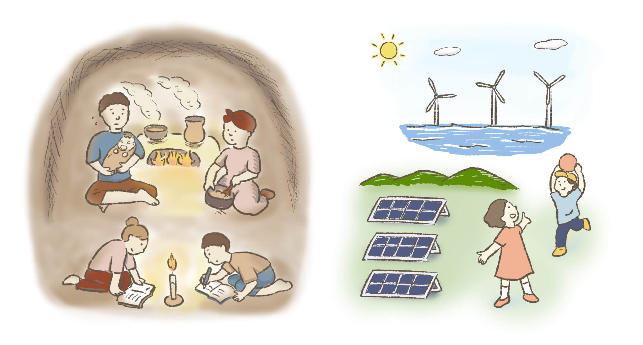 イラスト:(右)家の中で炭を使って料理をする母親、子守りをする父親と、ろうそくの火を使って勉強する子どもたち