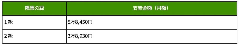 特別児童扶養手当の支給金額を示す表組み:
障害の級1級/支給金額(月額)5万8,450円
障害の級2級/支給金額(月額)3万8,930円