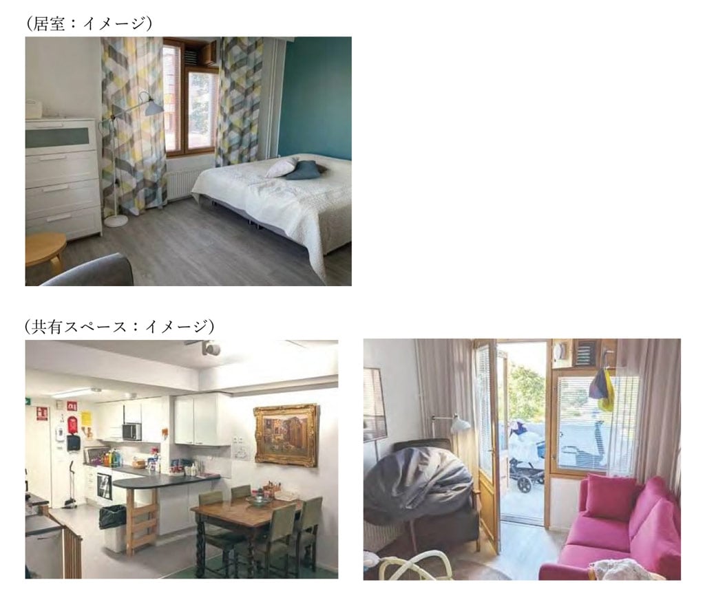 画像「産前産後の居場所」イメージ写真。上段写真:居室イメージ、下段写真(左右とも)共有スペースイメージ)