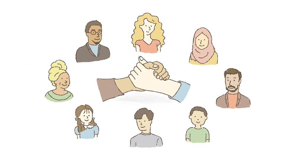 イラスト:様々な国の大人や子どもたち。真ん中に握手する手