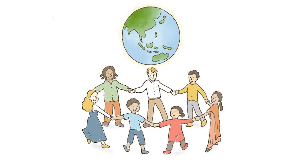 イラスト:地球を支える、様々な国の大人や子どもたちの輪