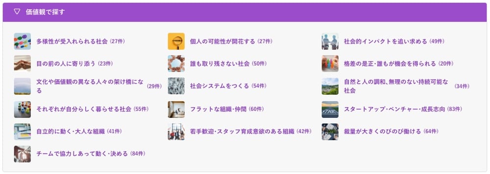 価値観で探す:
・多様性が受入れられる社会 (27件)
・個人の可能性が開花する (27件)
・社会的インパクトを追い求める (49件)
・目の前の人に寄り添う(23件)
・文化や価値観の異なる人々の架け橋になる(29件)
・社会システムをつくる (54件)
・誰も取り残さない社会 (50件)
・格差の是正・誰もが機会を得られる (20件)
・自然と人の調和、無理のない持続可能な社会(34件)
・それぞれが自分らしく暮らせる社会 (55件)
・フラットな組織・仲間 (60件)
・自立的に動く・大人な組織 (41件)
・チームで協力しあって動く・決める (84件)
・スタートアップ・ベンチャー・成長志向 (83件)
・若手歓迎スタッフ育成意欲のある組織 (42件)
・裁量が大きくのびのび働ける (64件)