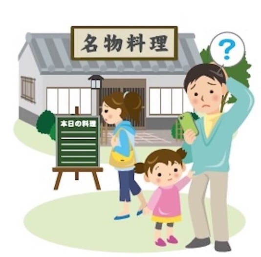 イラスト:地方の名物料理屋さんで、食物アレルギー情報がわからず困っているお父さんとその家族