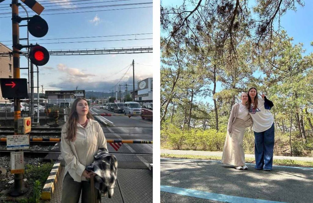 画像左:友人と公園にいるカティアさん、画像右:踏切の前に立つカティアさん