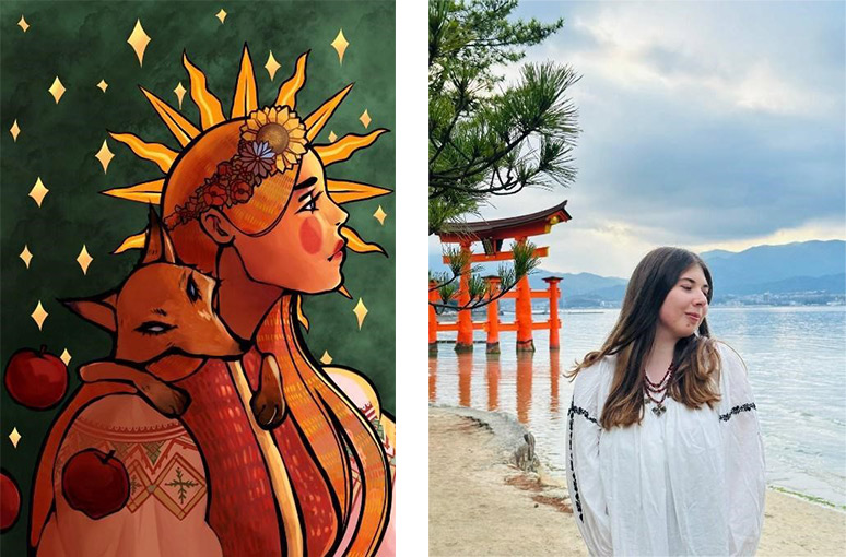 画像左:カティアさんの描いたイラスト、画像右:広島の厳島神社でのカティアさん