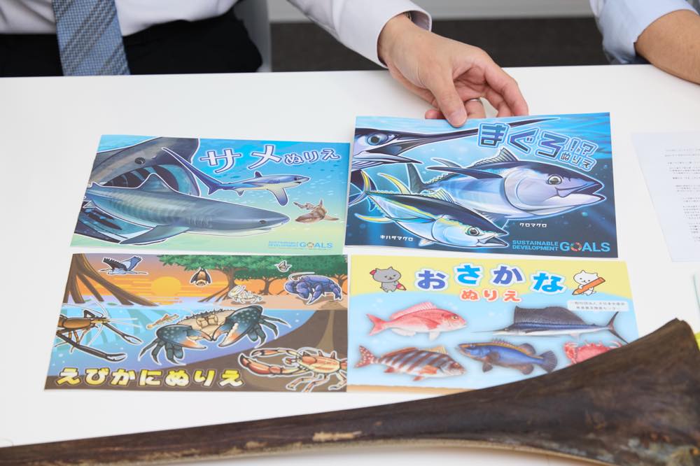 魚食普及推進センターが提供する、塗り絵形式の学習教材が4冊並べられている。『サメぬりえ』『まぐろ!?ぬりえ』『えびかにぬりえ』『おさかなぬりえ』の4種類で、生き物の生態や漁業、海洋問題について学べる。
