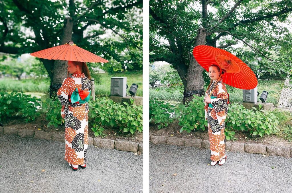 画像左:着物を着たカティアさんの後ろ姿、画像右:着物姿のカティアさん