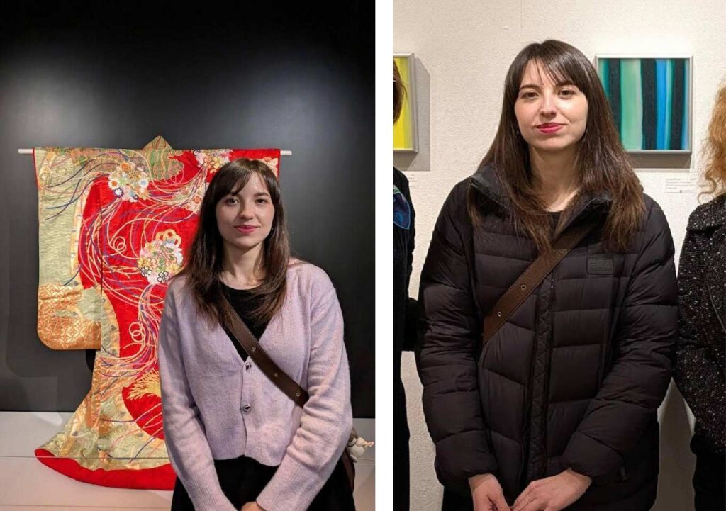 写真左:展示されている着物の前に立つウリヤナさん、写真右:現代アートの展覧会でのウリヤナさん