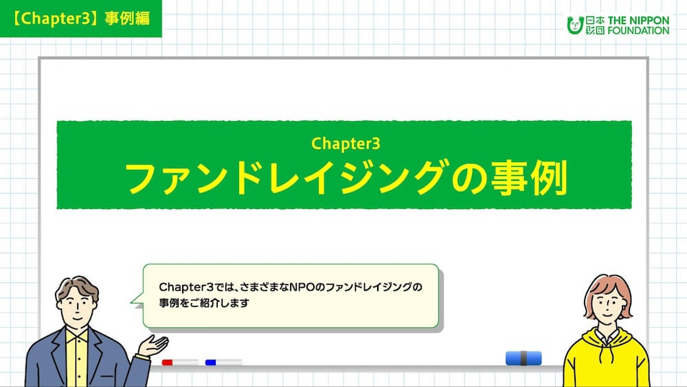 イラスト:「ファンドレイジングの事例」について案内する男女キャラクター