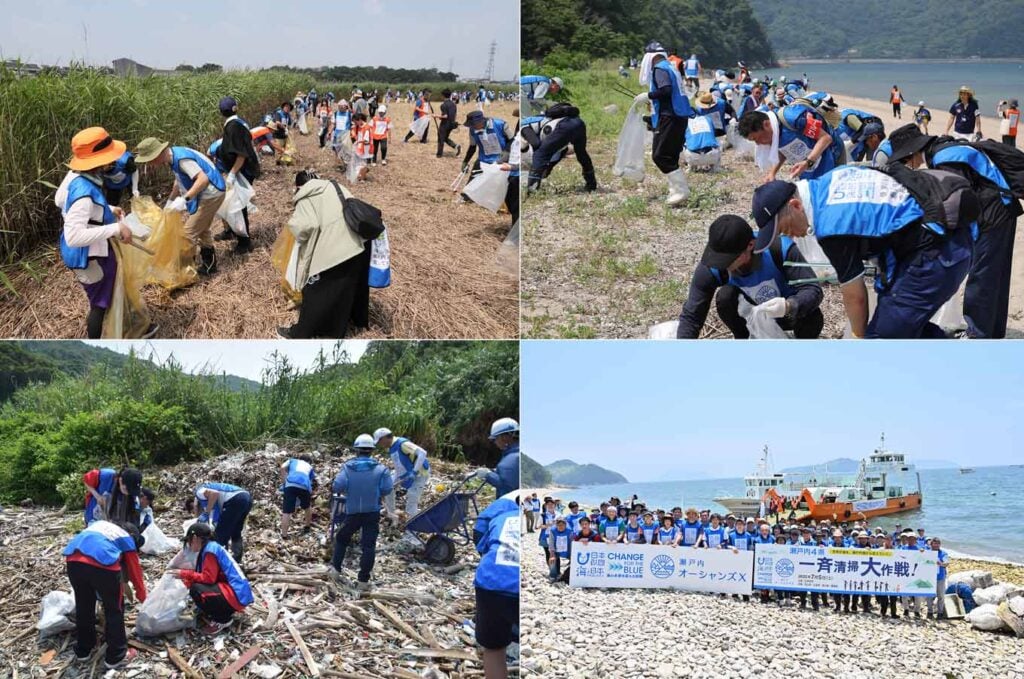 画像:各地の清掃活動の様子。画像上段左より、旭川河川敷(岡山県岡山市)、荒代海岸(広島県江田島市)。画像下段左より、御所ヶ浜(愛媛県伊方町)、手島(香川県丸亀市)。