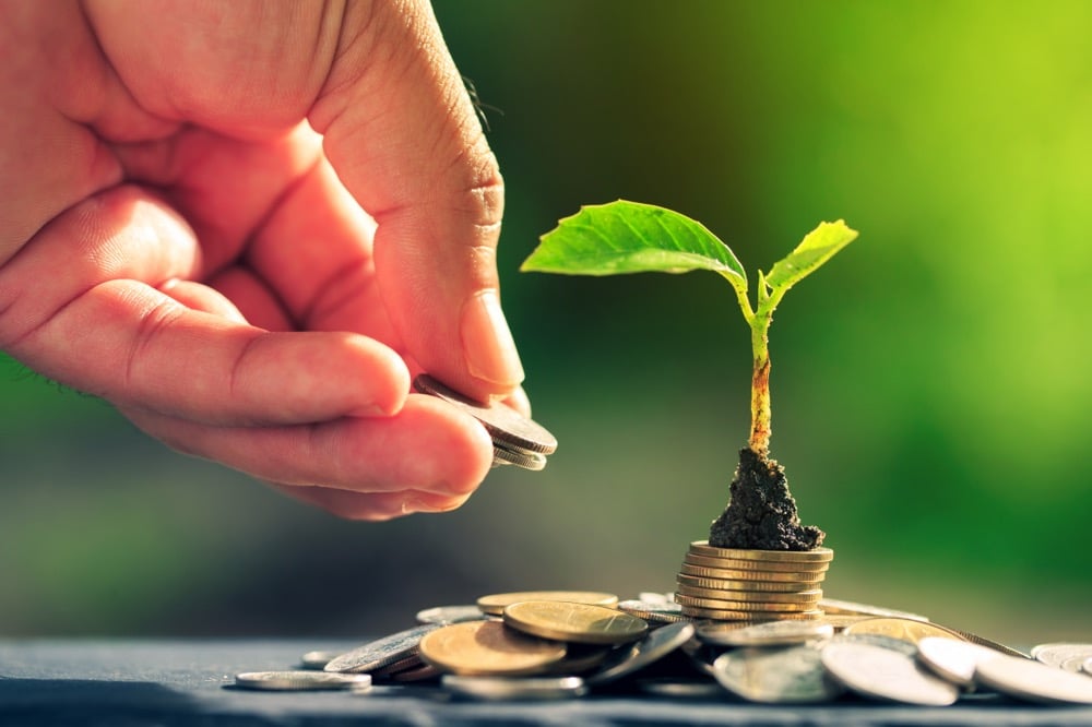 積み重ねられた金貨の上の土から緑の若葉を付けた小さな植物が成長しており、人の手が上からコインを一枚落とそうとしている。背景は緑色にぼけており、持続可能な投資や環境への資金投入を象徴的に表現している