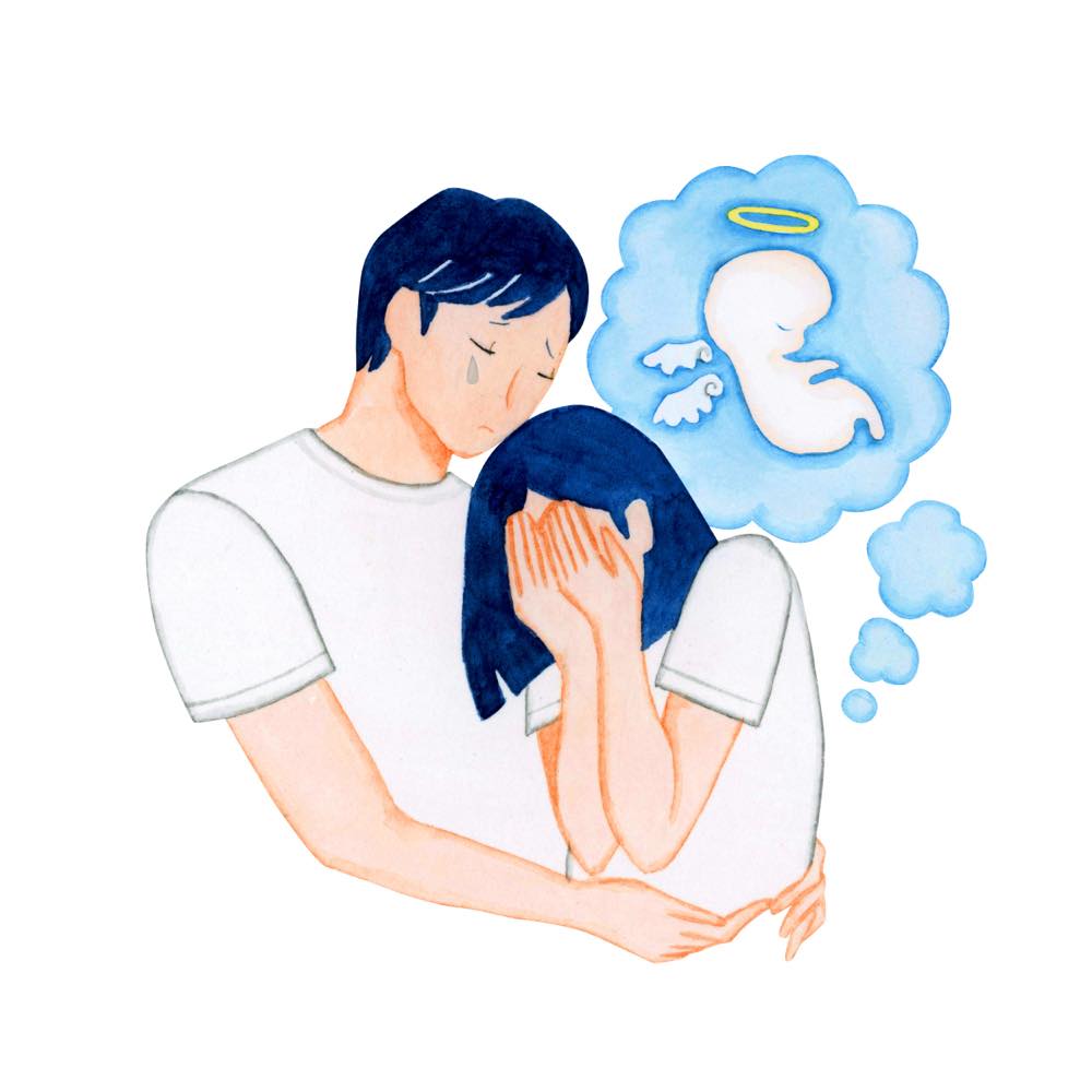 失った赤ちゃんへの悲しみを表現したイラスト。涙を流しながら、男性が女性を優しく抱きしめている。女性は顔を覆って泣いている。二人の上には、天使の羽と輪がついた胎児のイメージが描かれている。