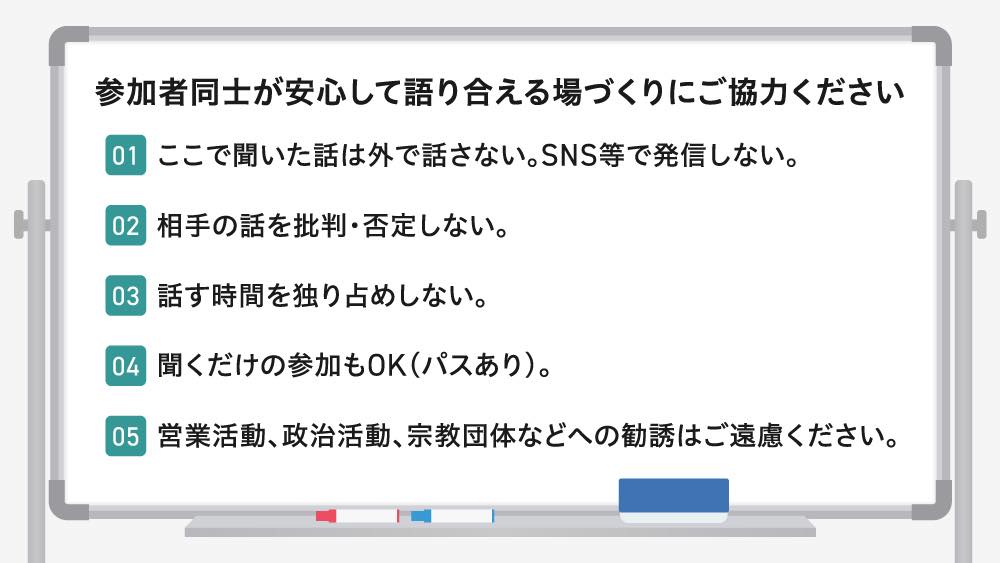 「ひきこもりUX女子会」の場作りのルール

01.ここで聞いた話は外で話さない。SNS等で発信しない。

02.相手の話を批判・否定しない。

03.話す時間を独り占めしない。

04.聞くだけの参加もOK (パスあり)。

05.営業活動、政治活動、宗教団体などへの勧誘はご遠慮ください。
